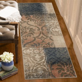 Superior Indoor Runner Rug, Plush Carpet Cover for Hallway, Entry, Office, Living Room, Hardwood, Tile or Carpet Cover, Distressed Abstract Damask, Bristol Collection, 2' 7" x 8', Midnight Navy-Salmon