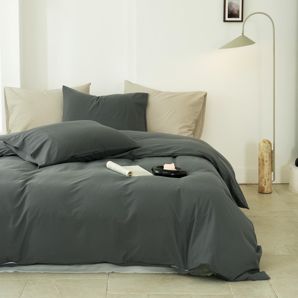 QKTE 100% Washed Cotton Duvet Cover Set 3pcs Linen Feel