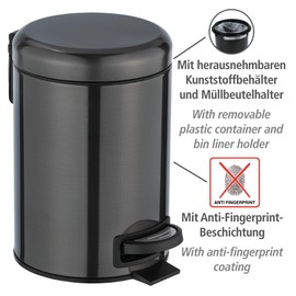 WENKO 3 Litre Anti-Fingerprint Bin, Stainless steel, Black, 17 x 25 x 22,5 cm