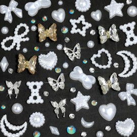 3D Multi Shapes Nail Charms Flatback Pearls Gems Mix White Champagne AB Style Heart Butterfly Star Planet Bow Pearl Nail Charms rhinestones For Nail Art DIY Crafts Designs Decoration with Tweezers Pen