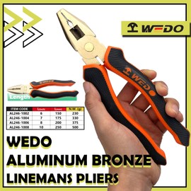 WEDO Non-Sparking Lineman's Pliers 6", Spark-free Safety Side Cutter Linemans Pliers, Combination Pliers, Wire Stripper, Crimper, DIN Standard, BAM & FM Certificate, Aluminum Bronze