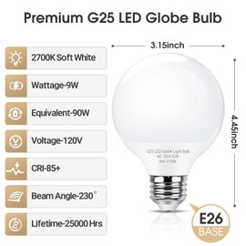 mfxmf G25 LED Globe Light Bulbs, Bathroom Vanity Light Bulbs E26 Base,9W (90W Equivalent), Soft White 2700K, Round Light Bulbs for Bedroom Makeup Mirror, 920LM, Dimmable, 2 Pack