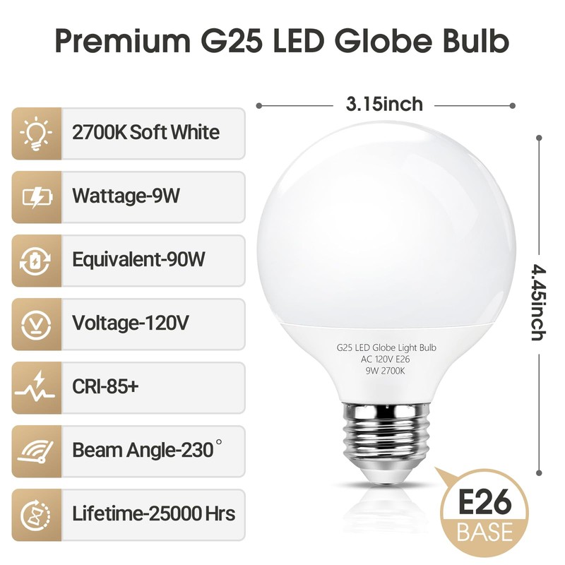 mfxmf G25 LED Globe Light Bulbs, Bathroom Vanity Light Bulbs