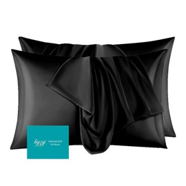 2 Pack Mulberry Silk Pillowcase for Hair and Skin Standard Size,Silk Pillowcase 20"X 26" with Hidden Soft Breathable Smooth Cooling Pillow Covers for Sleeping,Gifts for Women Men（Black）
