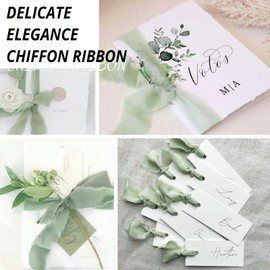 HTVRONT 3 Roll Chiffon Ribbons - 1.5in*7yd Cream Green Chiffon Ribbon Sets, Fringe Chiffon Silk Ribbon for Wedding Invitations, Gift Wrapping,Holiday Decorations, Bridal Bouquets