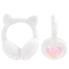 Earmuffs for Girls Cat Ear Muff Winter Faux Fur Ear Warmers Ear Cover with Cute Sequins Ears for Women Kids White