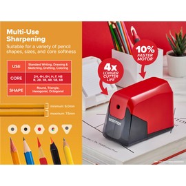 Bostitch Office Battery Pencil Sharpener, 4X Longer Cutter Life, Tip Saver Technology, Red