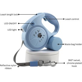 PawLink, 360° Tangle-Free Retractable Dog Leash with Built-in Poop Bag Holder and LED Light for Dogs up to 50 kg/110 lb| 5m/16ft Strong Reflective Nylon Rope| One-Handed Control (Blue)
