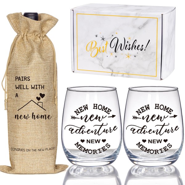 House Warming Gifts New Home, Housewarming Gift Stemless Wine Glass & Bottle Gift Bag Set for Newlywed Couple, Women, Friends, New Homeowner, Unique New Home Gift for Home, Realtor Gift for Clients
