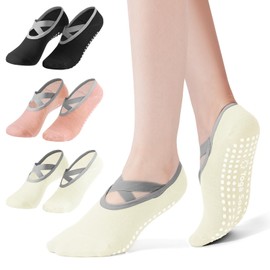 3 Pairs Pilates Socks Yoga Socks for Women, Non-Slip Grip Socks for Yoga Barre Ballet Barefoot Workout Hospital (Black/White/Pink)