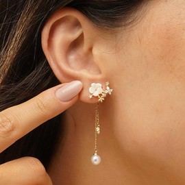 Flower Pearl Drop Earrings for Women Long Threader Chain Dangling Dainty Zircons Flower Tassel Earrings for Women Wedding Bride Jewelry (Gold)