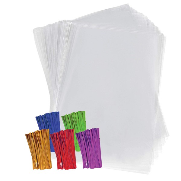 Purple Q Crafts Clear Plastic Cellophane Bags with 4" Colored Twist Ties for Gifts Party Favors (9"x12" 50 Pack)