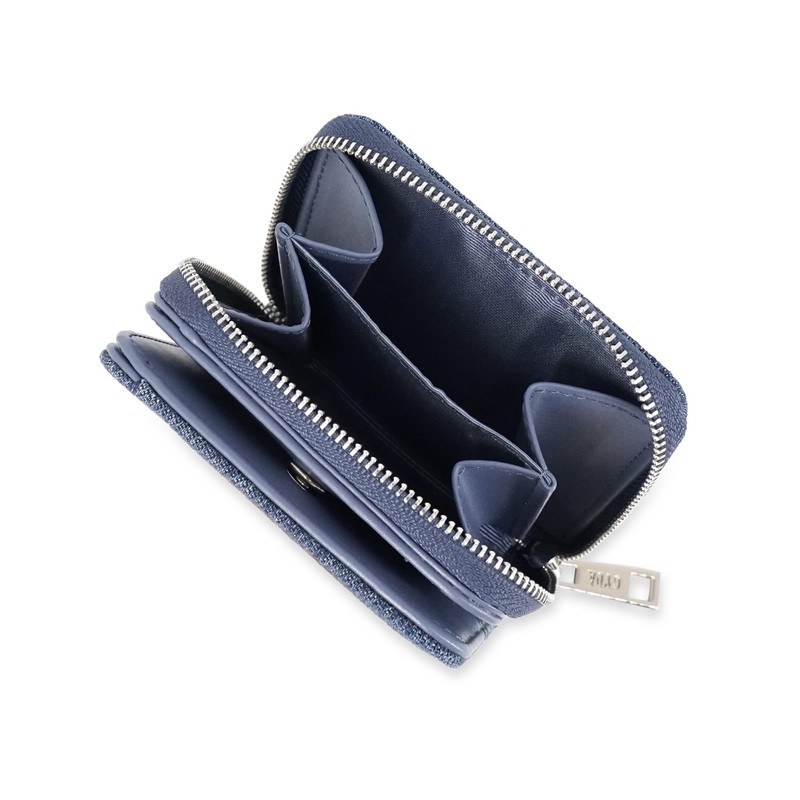 Jada GY-W291 Round Zipper Bifold Wallet with Rhinestone Logo, blue