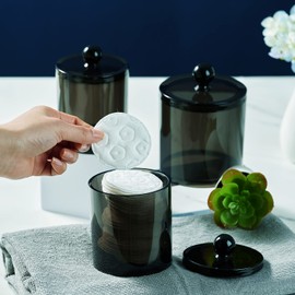 Qtip Holder Bathroom Set with Tray(4PCS) - 3 Pack Acrylic Plastic Apothecary Jars Qtip Dispenser Canister with Lid and Labels, 1 Pack Vanity Tray, for Cotton Ball, Cotton Swab (Black)