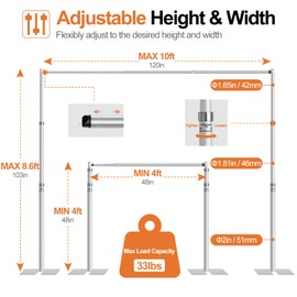 FUDESY Pipe and Drape Backdrop Stand Kit, 8.6x10ft Heavy Duty Backdrop Stand Adjustable Background Frame with Metal Base for Photography Wedding Parties Events Decoration