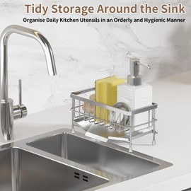 PAVSTINE Sink Organiser Made of 304 Stainless Steel, Sink Organiser with Removable Drip Tray, Sponge Holder Sink for Kitchen Worktops, Easy to Clean Kitchen Organiser, Silver