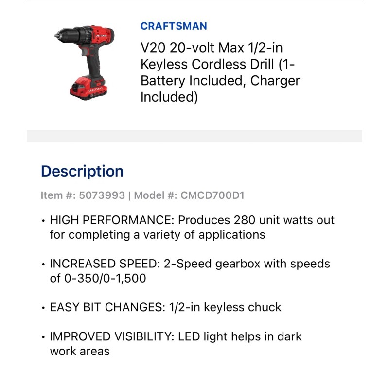 Craftsman 🔥NEW🔥CRAFTSMAN 20V DRILL/DRIVER KIT W/ BATTERY & CHARGER CMCD700D1