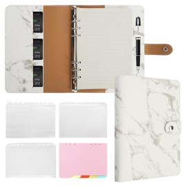 FYY Leather A5 Ring Binder Notebook, 6 Ring A5 Binder with A5 Refill Papers, Binder Pockets and Subject Dividers Paper Sheet, Travel Binder Journal Personal Planner with Ring Binder Mar-White