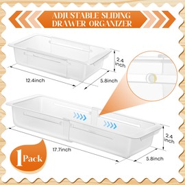 Gulfmew Deep Drawer Organizer Bins, Adjustable Sliding Drawer Organizer Bin Expandable Tray for Kitchen Utensils, BBQ Tools, Towels, Durable Plastic Sliding for Easy Storage(12.4" to 18”)