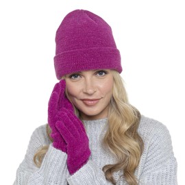 Ladies Soft Chenille Thermal-Lined Hat & Gloves Set - Berry