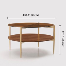LumFurn Round Coffee Table, Mid-Century Modern Design, D30 x H17, for Living Room, 2-Tier Structure, Amber Glass Top and Walnut MDF Shelf, Sleek Conical Metal Legs with Gold Finish