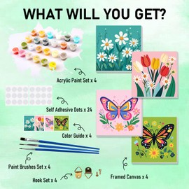 Bowetile 4 Pack Flowers Framed Paint by Numbers for Adults Children, Painting by Numbers Kit for Adults, Beginners Canvas Kits, DIY Acrylic Pigment Drawing Paintwork for Home Decor, 20x20 cm