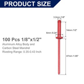 uxcell 100Pcs 1/8" x1/2" Aluminum Blind Rivets, Aluminum Grip and Steel Mandrel, Dome Head Long Split Rivets for Metal, Furniture, Automotive, Red