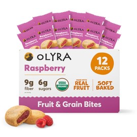 Olyra Raspberry Organic Fruit Bars, Prebiotic High Fiber Snack, Gut Health, Fruit Filled & Whole Grain Bites, Kids Healthy Snacks, Low Sugar, Vegan, USDA Certified Organic, Non GMO 12 Packs