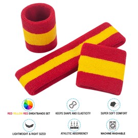 FACATH Sweatbands Set, Headband and Wrist Sweatbands, Cotton Sweat Band for Athletic Men and Women, Sweatbands Sports Headbands for Working Out, Running, Basketball, Tennis, Yoga (Red/Yellow/Red)