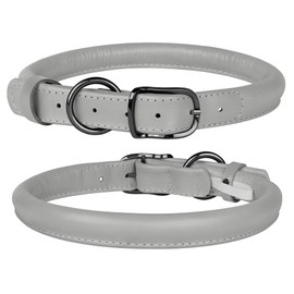 BUDKAS Rolled Leather Dog Collar for Small Medium Large Dogs Puppy Durable Adjustable Soft Round Rope Pet Collars (20"-24" Neck Fit, Gray)