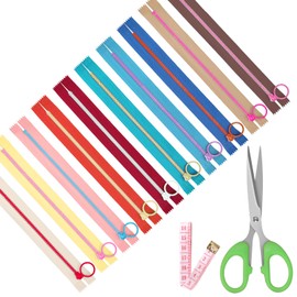 Mardatt 10Pcs Nylon Resin Zipper, 10 Colors Plastic Zippers with Lifting Ring Pull, Sewing Zippers with Soft Ruler, Scissor for DIY Sewing Craft Bag Garment - 20 cm/ 8 Inch