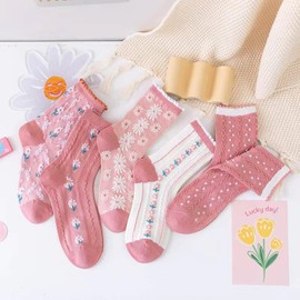 DXYAKY 5 Pairs Women's Floral Cotton Socks Vintage Patterned Crew Socks Novelty Ankle Ruffled Warm Casual Dress Socks, 5 Pairs Pink
