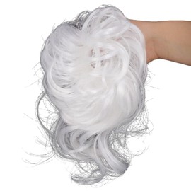Curly Messy Hair Bun Updo Scrunchy Scrunchie Donut Hair Extensions Chignons Wavy Hairpiece Ribbon Ponytail Extension (White)