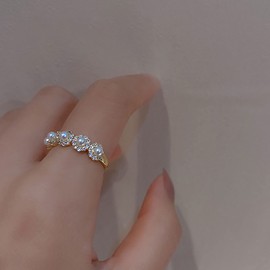 Pearls and Cubic Zirconia Dainty Multistone Adjustable Rings | 18K Gold Plated (Pearl + Zirconia, Adjustable)