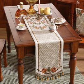 patdrea Designer Elegant French Floral Velvet Table Runner 71 Inch Long, Green with Orange Blossoms Pattern Table Mat, Decor for Kitchen Dining Coffee Table Cabinet Banquet Thanksgiving,12"*71"