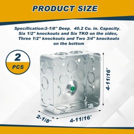 Copkim 2 Pcs 4-11/16 x 4-11/16 Inch Metal Electrical Junction Box 2-1/8'' Deep Square Electrical Box Silver Galvanized Steel Drawn Construction