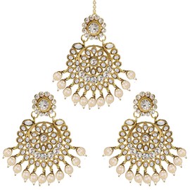Aheli Exquisite Design Faux Kundan Beaded Earrings Maang Tikka Set Ethnic Indian Jewelry Gift for Women White