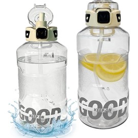Botella de Agua 2L Portátil, Botella Deportiva Transparente con Escala Pajita Desmontable y Asa, Bote Reutilizable Sin BPA, Tapa a Prueba de Fugas, Termo de Agua para Gimnasio Ejercicio Oficina Viajes