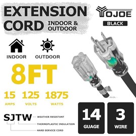 YOJOE 14/3 8 ft Black Outdoor Extension Cord- 14 Gauge 3 Prong SJTW Heavy Duty Extension Cord Waterproof, Lighted Power Extension Cable for Yard Outdoor Decorations, Tools, Appliances, UL Listed