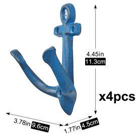 XINGYAN Vintage Rustic Cast Iron Nautical Sea Anchor Design Wall Hooks,Home Coat Rack,Decorative Wall Mounted Antique Shabby Chic Metal Bathroom Towel,Coat Hooks,Hanger,Screws Inside (Blue[4pcs])