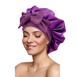 Gorro de Pelo Rizado de Satén,Dormir de Seda Ajustable,Banda Elástica,Gorro de Noche para Cabello Rizado,Ideal para Dormir,Ducha y Belleza,Morado