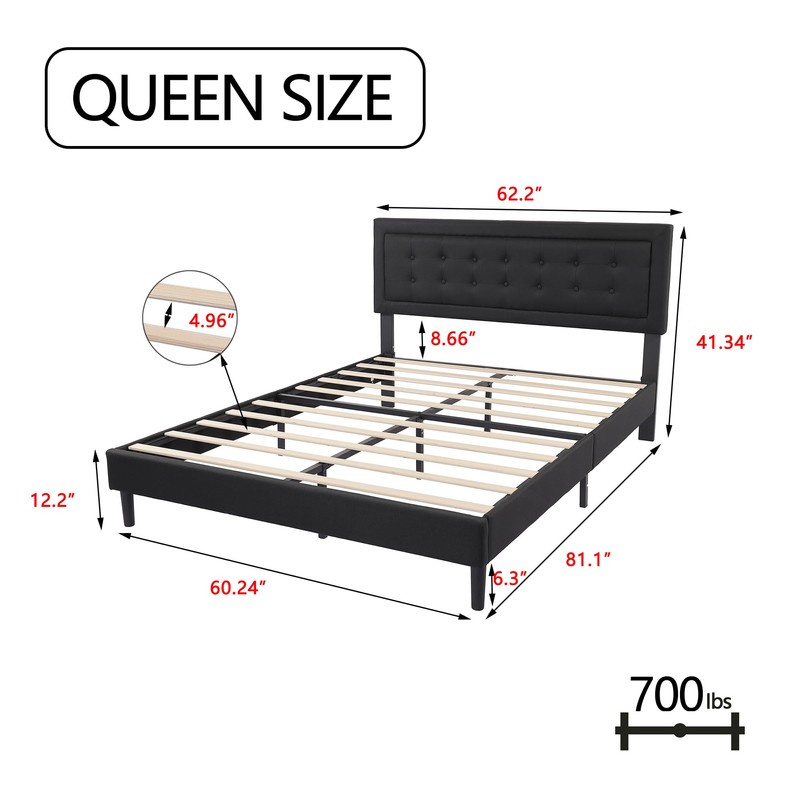 alazyhome Queen Size Black Modern Upholstered Platform Bed Frame with