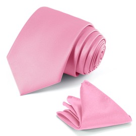 JUNMEISI Pink Tie Set in Gift Box Mens Solid Color 3.15" (8CM) Pink Necktie and Pocket Square Set