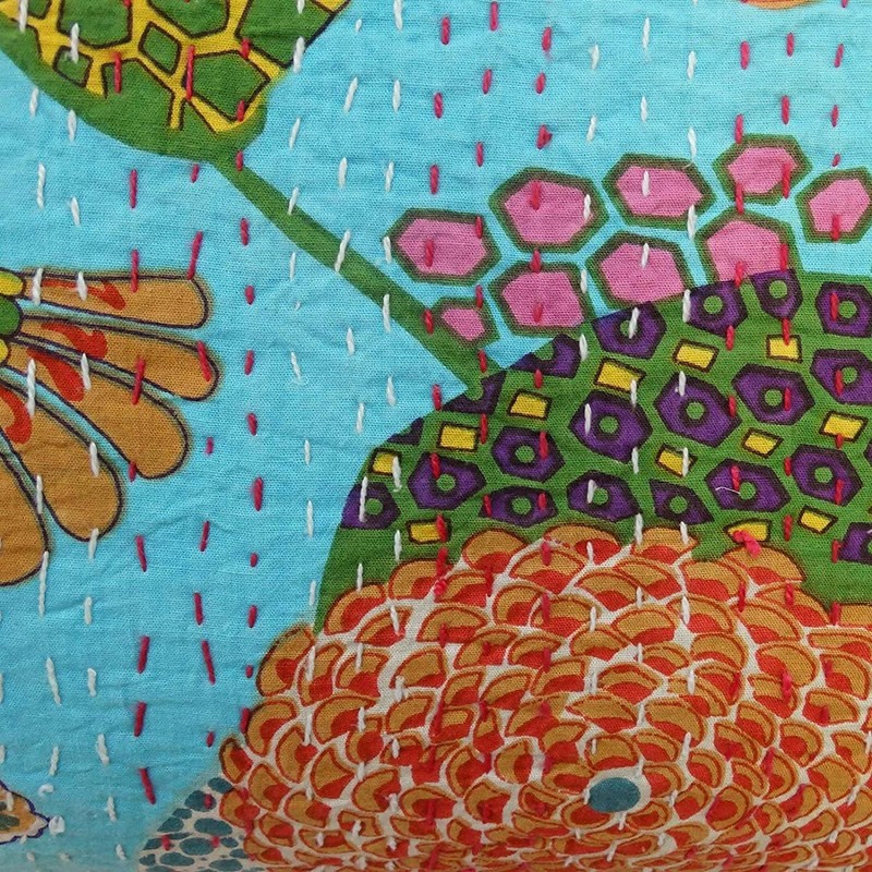 Indian Handmade Cotton Turquoise Kantha Fruit Print Threads Work Cushion
