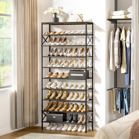 UNITSTAGE 10-Tier Tall Shoe Rack Organizer Shoe Storage for Entryway 30-40 Pairs Metal Shoe Rack for Closet Heavy-Duty Shoe Rack with Wooden Top Shelf for Garage Rustic Brown