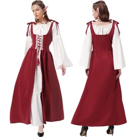 Joellfuner Medieval Costume Women: Renaissance Dress with Trumpet Sleeves, Elf Ears, Chain, Headpiece for Carnival & Historical Occasions