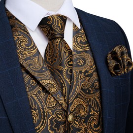 DiBanGu Silk Paisley Vest for Men Wedding Waistcoat and Necktie Bowtie Lapel Pin Set 7PCS Dress Vests for Suit or Tuxedo, Black and Gold, X-Large