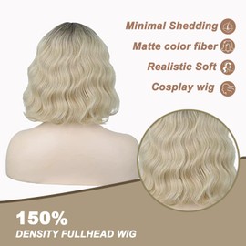 MORTICIA Blonde Short Curly Women Bob Wig Full Bang Wavy Texure Heat Resistant Synthetic Short Women Wig (Blonde)