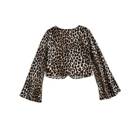 GORGLITTER Bluse Damen Elegant Langarm Leo Oberteil Crop Bluse Mit Schleife Langarmshirt Blusenshirt Leo Print Damenblusen Leoparden M