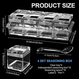 TANEMUDO 4 Set Acrylic Seasoning Organizer Box Set with Lids and Spoons, 16 Pcs Seasoning Rack Spice Pots for Salt Sugar Cruet Kitchen Cooking Organizer Clear Storage Containe Spice Containers